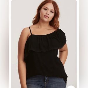 Torrid Retro Goth Black Gauze Fabric Ruffled
Crochet One Shoulder Top Plus Size